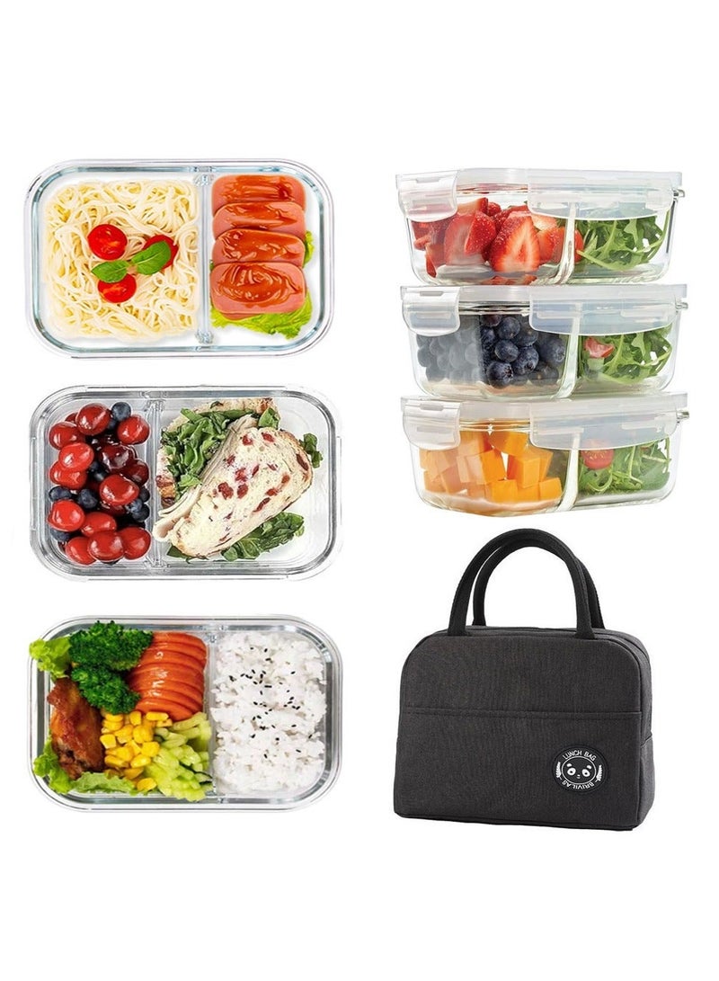 Multipurpose Glass Storage Containers with Lunch Bag, Divided 2 Compartments, Containers with Locking Lids, Glass Storage, Meal Prep Container with Airtight Lid (3 Pack，3*700ml) - Image 1